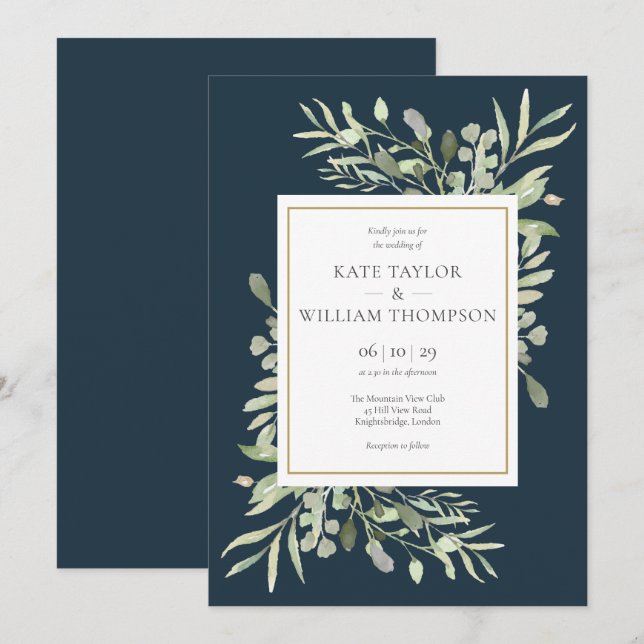 Invitation Feuilles vertes Deep Sea Blue Gold Mariage (Devant / Derrière)