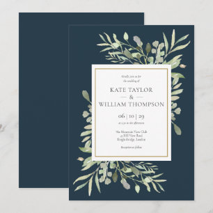 Invitation Feuilles vertes Deep Sea Blue Gold Mariage