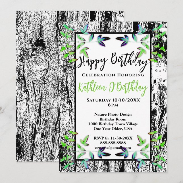 INVITATION FEUILLES VERTES NOIR BARK HEUREUX ANNIVERSAIRE INV (Devant / Derrière)