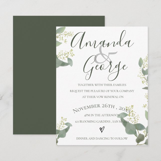 Invitation Feuilles verts | Script élégant | Renouvellement d (Devant / Derrière)