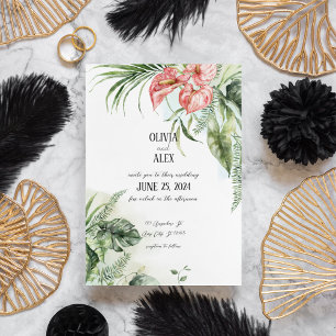 Invitation Feuilles verts tropicaux et fleurs rose anthurium