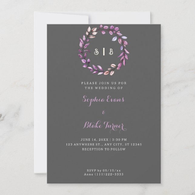 Invitation Feuilles violets Monogramme couronne gris foncé Ma (Devant)