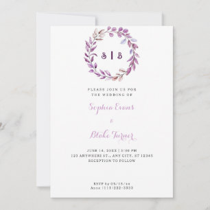 Invitation Feuilles violets Monogramme Mariage blanc de couro