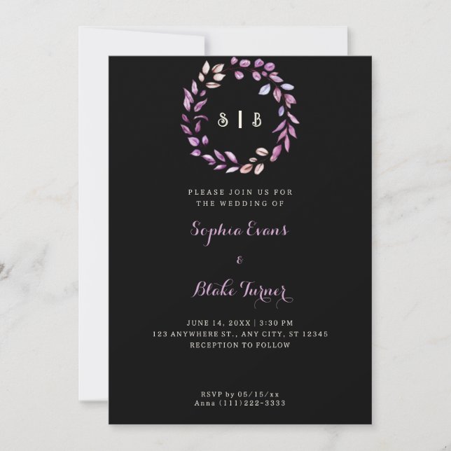 Invitation Feuilles violets Monogramme Wreath Mariage noir (Devant)