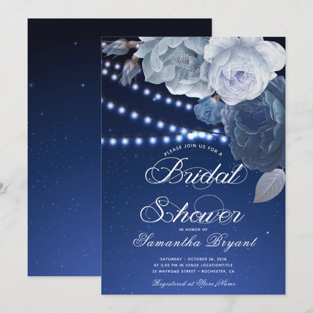 Invitation Feux à cordes Fête des mariées élégante bleue (Devant / Derrière)