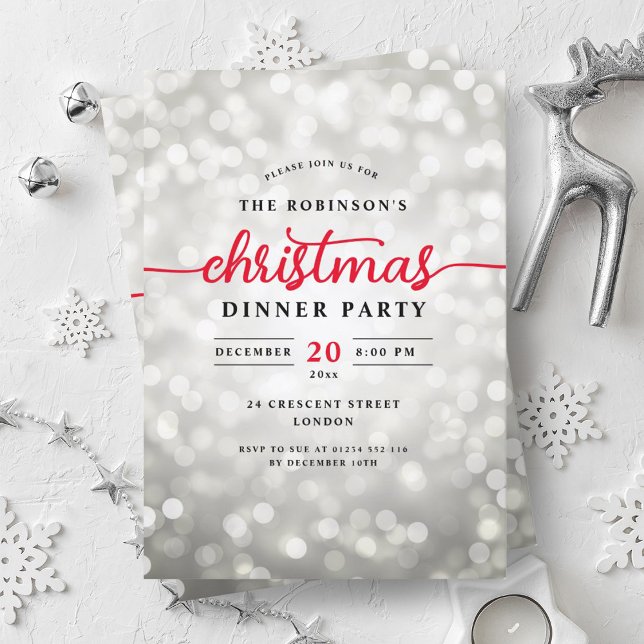 Invitation Feux d'argent glamour Dîner de Noël (Glamorous Silver Lights Christmas Dinner Party Invitation)
