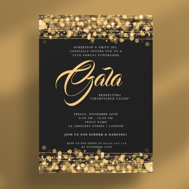 Invitation Feux de gala officiel de l'entreprise Ball Gold (Formal Corporate Gala Ball Gold Glam Lights Invitation)