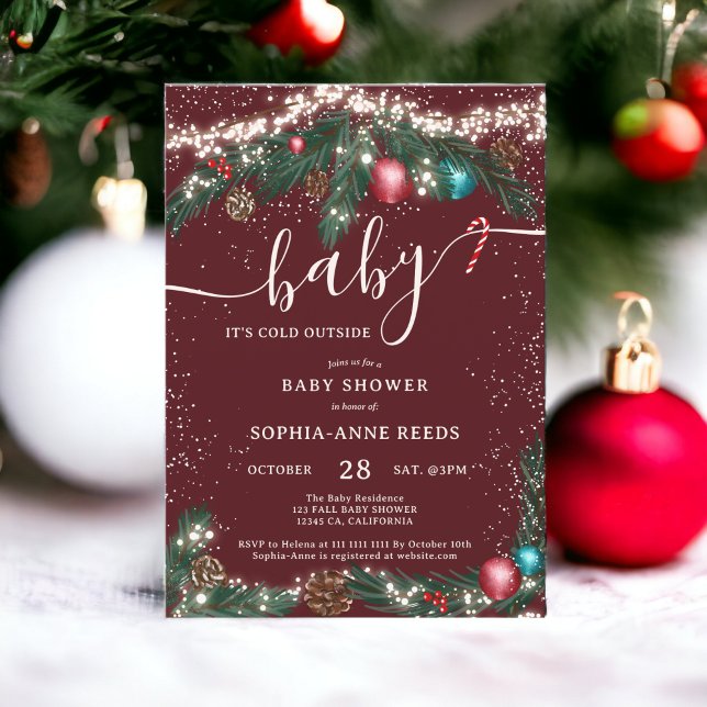 Invitation Feux de Noël d'hiver baby shower de pin enneigé (Winter Christmas lights snowy pine baby shower Invitation)