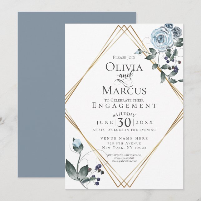 Invitation FIANÇAILLES | Aquarelle bleu foncé (Devant / Derrière)