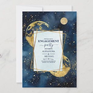 Invitation Fiançailles aquarelle bleu minuit mystique or