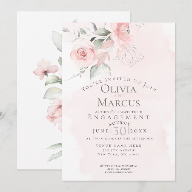 Invitation FIANÇAILLES | Aquarelle Fleurs Roses Bleues (Devant / Derrière)
