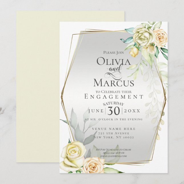 Invitation FIANÇAILLES | Aquarelle Ivoire Jaune Blush Roses (Devant / Derrière)