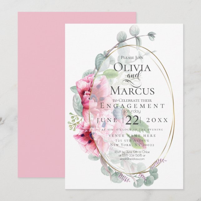 Invitation FIANÇAILLES | Aquarelle Pink Popptus Eucalyptus (Devant / Derrière)
