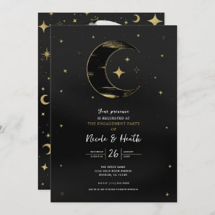 Invitation Fiançailles Black & Gold Modern Celestial Moon Sta