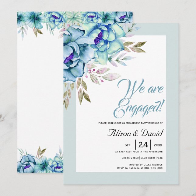 Invitation Fiançailles bleu et vert menthe (Devant / Derrière)