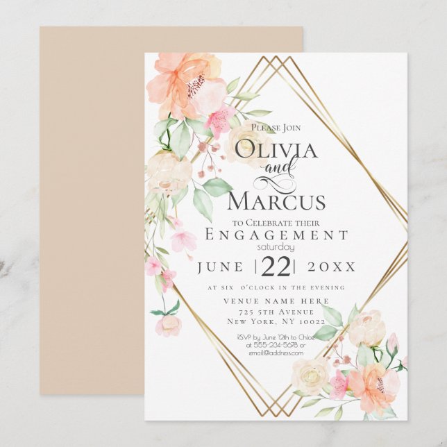 Invitation Fiançailles Blush Cream Coral Spring Bouquet flora (Devant / Derrière)