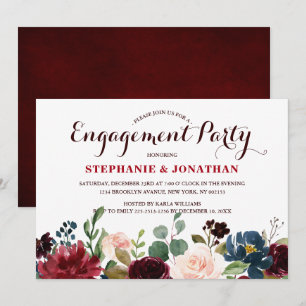 Invitation Fiançailles Boho Russe Floral de la Marine Rouge d