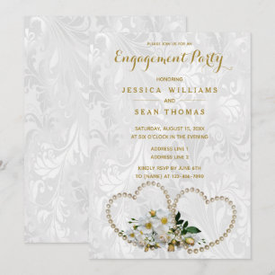 Invitation Fiançailles Damassé Perles Cœurs & Fleurs