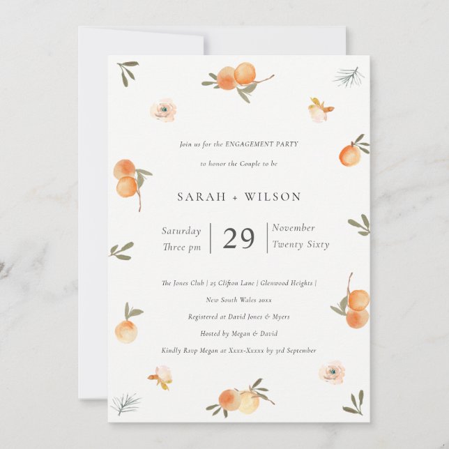 Invitation Fiançailles de Boho Floral Orange doux (Devant)