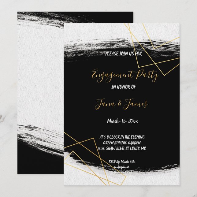 Invitation Fiançailles de géométrie moderne Black & Gold Wate (Devant / Derrière)