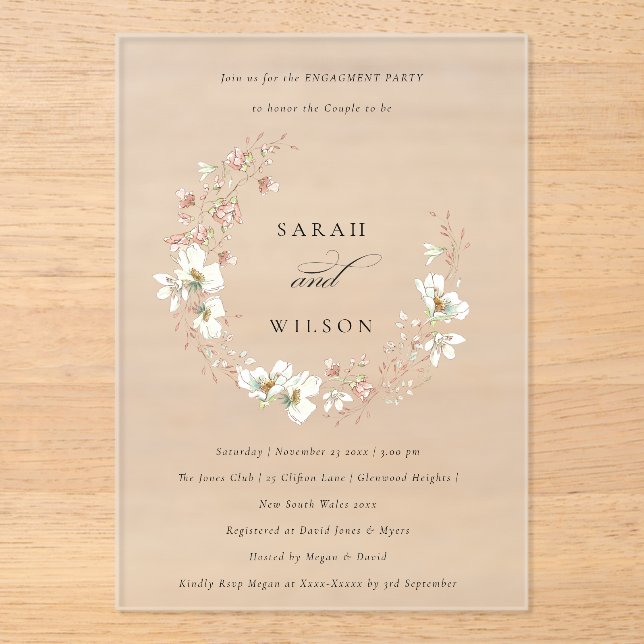 Invitation Fiançailles de la couronne de fleurs bl (Recto)