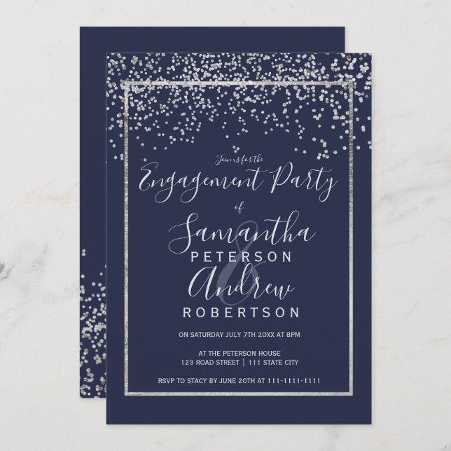 Invitation Fiançailles de typographie bleu marine confetti d' (Devant / Derrière)
