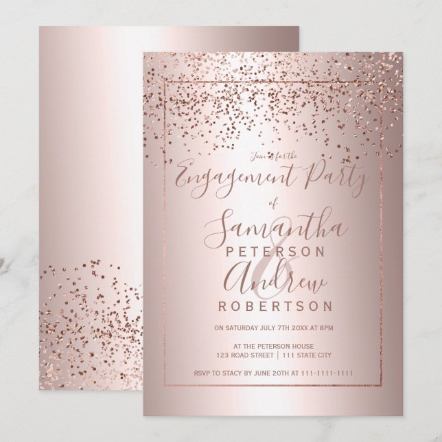 Invitation fiançailles de typographie métallique de confetti  (Devant / Derrière)