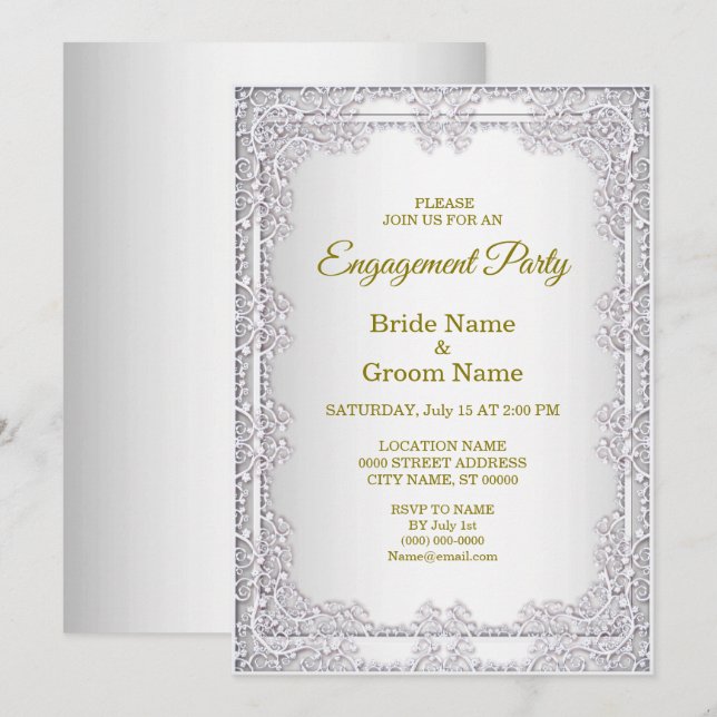 Invitation Fiançailles décorative en argent élégan (Devant / Derrière)