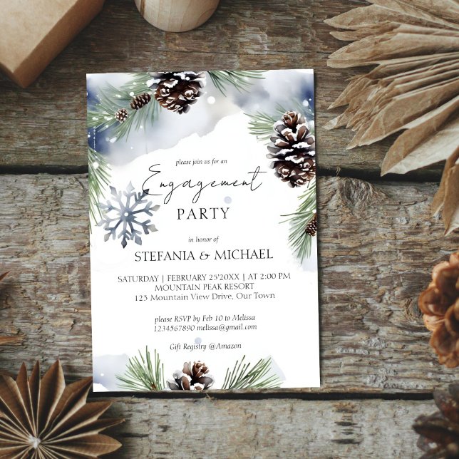 Invitation Fiançailles d'hiver aquarelle neige pins modèle (Winter engagement party editable template invitation digital download watercolor snowy pines )