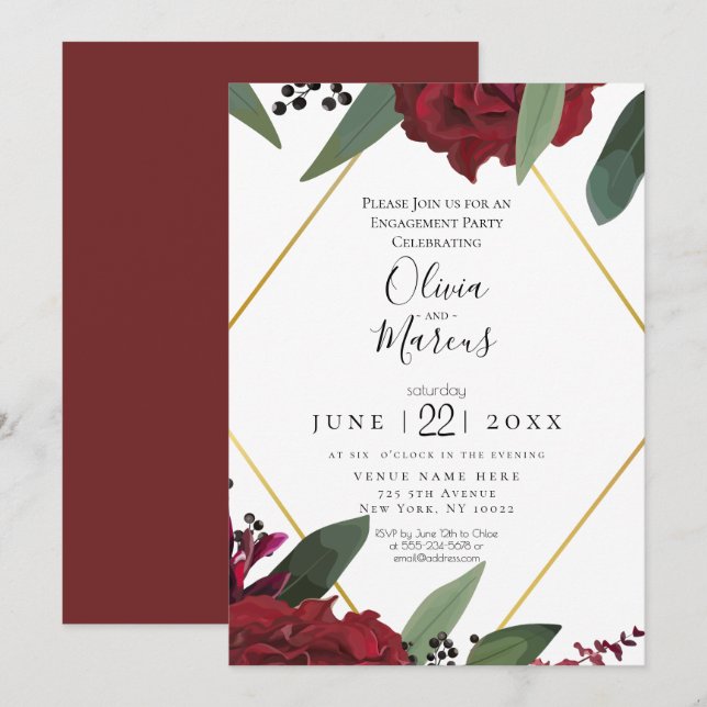 Invitation FIANÇAILLES | Élégant Floral de Bourgogne-Bourgogn (Devant / Derrière)