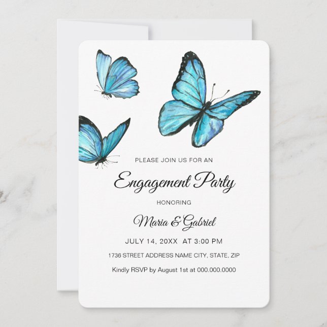 Invitation Fiançailles élégants papillons aquarelle bleue (Devant)