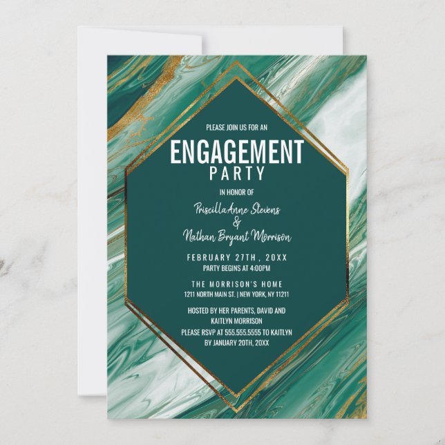 Invitation Fiançailles en marbre Abstrait Emerald Gold (Devant)