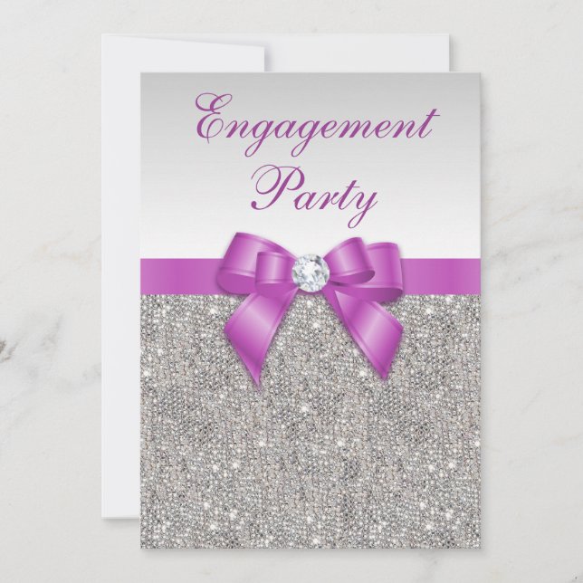 Invitation Fiançailles Faux Silver Sequins Radiant Orchid Bow (Devant)