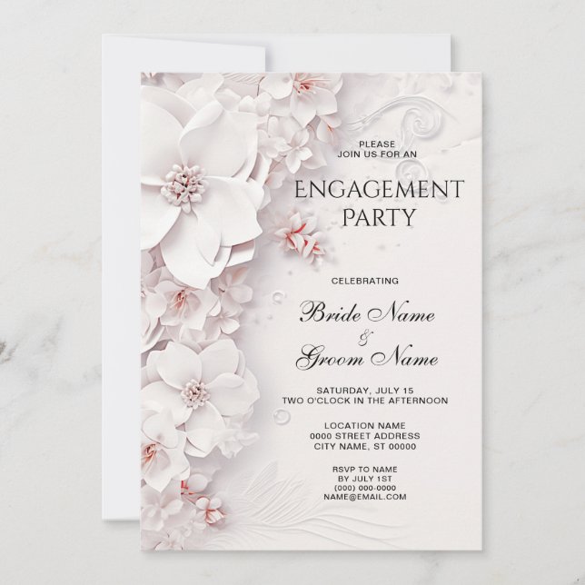 Invitation Fiançailles Fleuris Rose Ivory Blush (Devant)