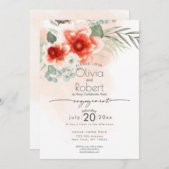 Invitation FIANÇAILLES | Fleurs d'aquarelle et feuillage (Devant / Derrière)