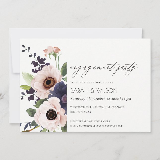 Invitation Fiançailles floral Anemone Blush Navy (Devant)