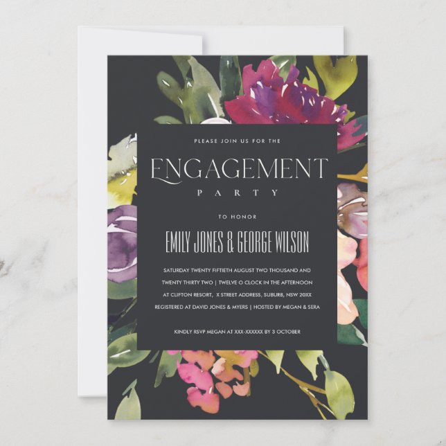INVITATION FIANÇAILLES FLORAL BLACK JAUNE BLEU BURGUNDY (Devant)