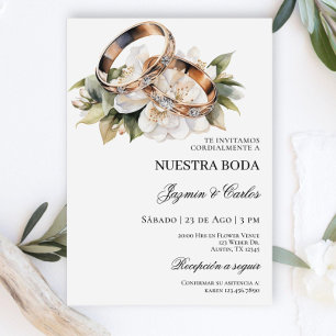 Invitation Fiançailles floral blanc anneaux Mariage espagnol 