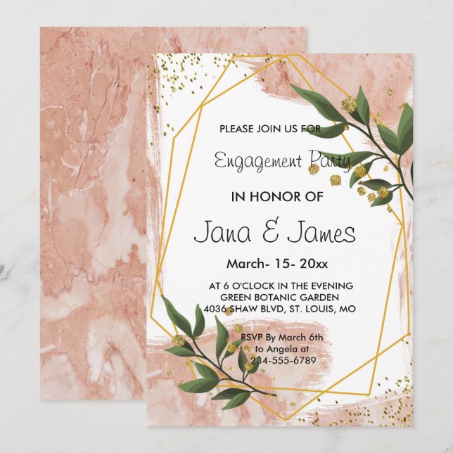 Invitation Fiançailles floral moderne à cadre doré vert ivoir (Devant / Derrière)