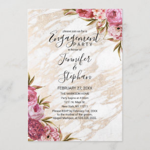 Invitation Fiançailles floral rose chic de marbre d'or