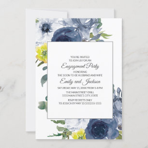 Invitation Fiançailles Florales Bleu Nuit Jaune Blanc