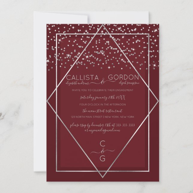 Invitation Fiançailles frontalier de Confetti en argent rouge (Devant)