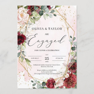 Invitation Fiançailles géométrique romantique bordeaux floral