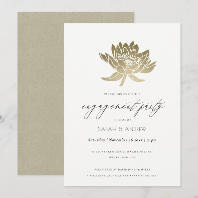 Invitation Fiançailles GLAMOROUS PALE OR BLANC KRAFT LOTUS (Devant / Derrière)