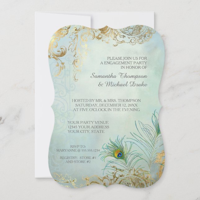Invitation Fiançailles Gold Leaf Peacock Feather Elegant (Devant)