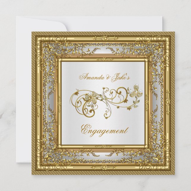 Invitation Fiançailles Gold White Damask Floral (Devant)