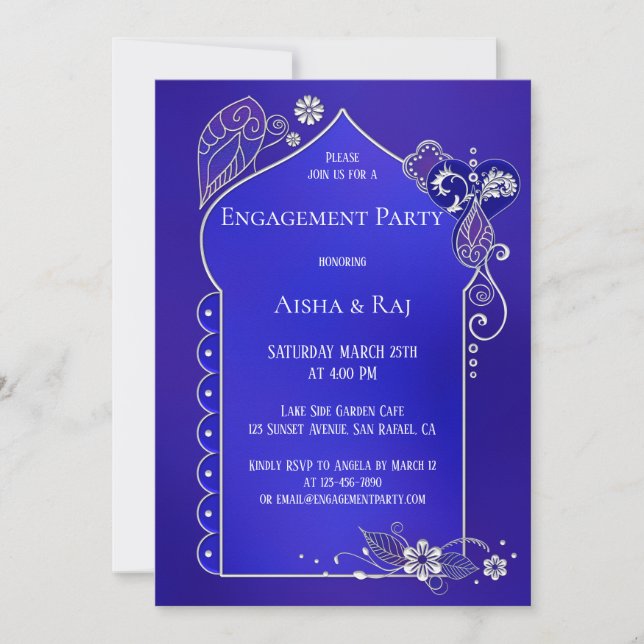Invitation Fiançailles Indigo Silver Henna Mehndi (Devant)
