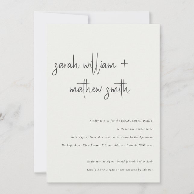 Invitation Fiançailles minimaliste de typographie noir et bla (Devant)