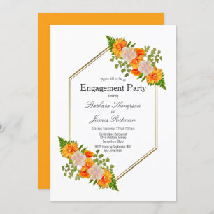 Invitation Fiançailles Orange Floral Gold Frame