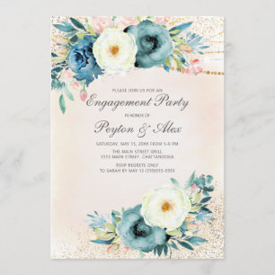 Invitation Fiançailles Pailletées Rose Turquoise Blanc Floral